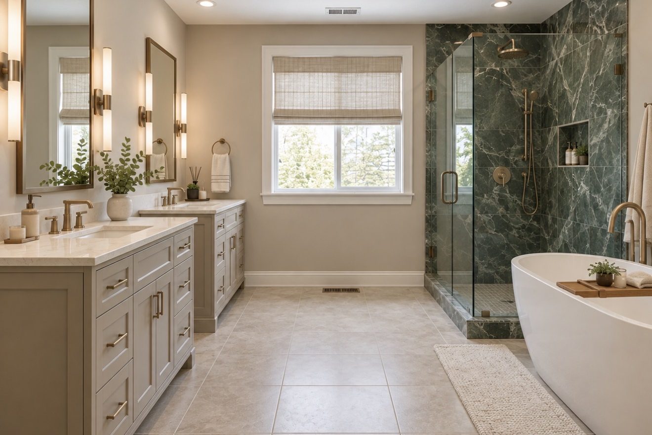 The finished primary bathroom with twin vanities, brass sconces and mirrors, a freestanding tub, and a green marble shower behind glass.
