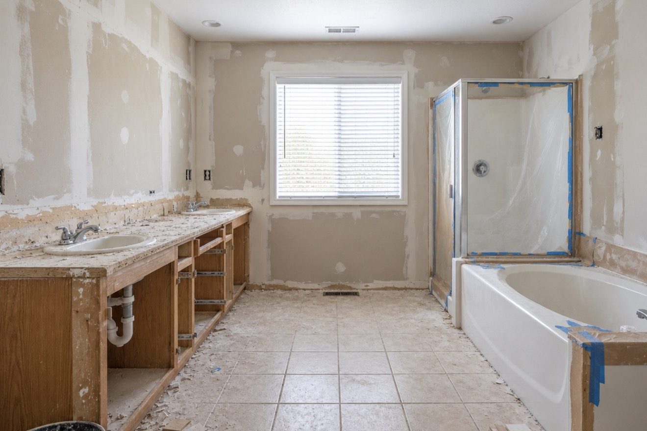 The same bathroom stripped out, with patched drywall, the original vanity and sinks removed from service, dated floor tile, and the shower taped off.