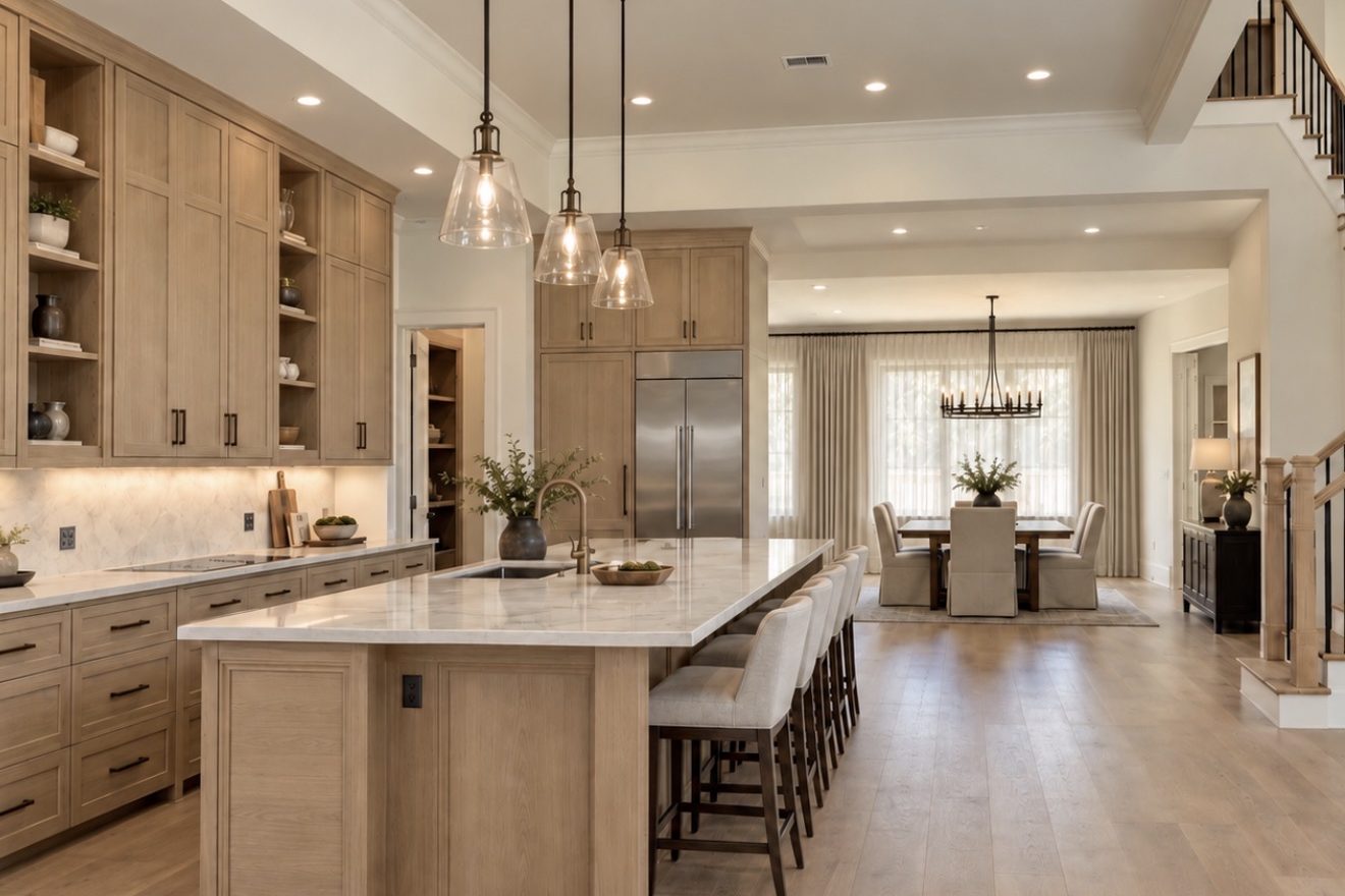 The finished kitchen with white oak cabinetry, a long marble island, pendant lighting, and the dining room open beyond.