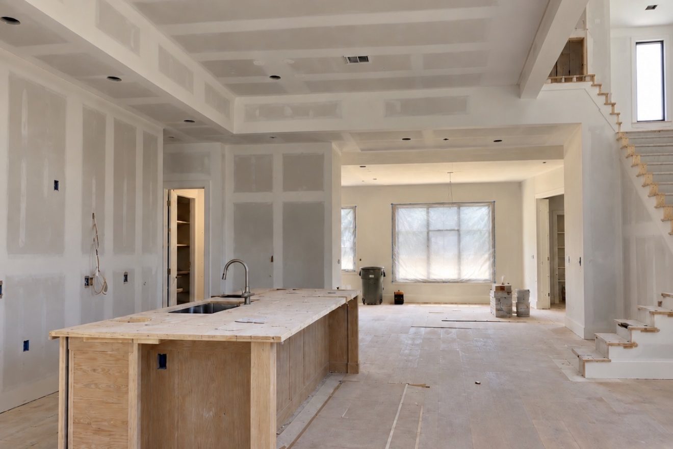 The same kitchen at drywall stage, with a plywood island mock-up, taped seams, and the subfloor still exposed.