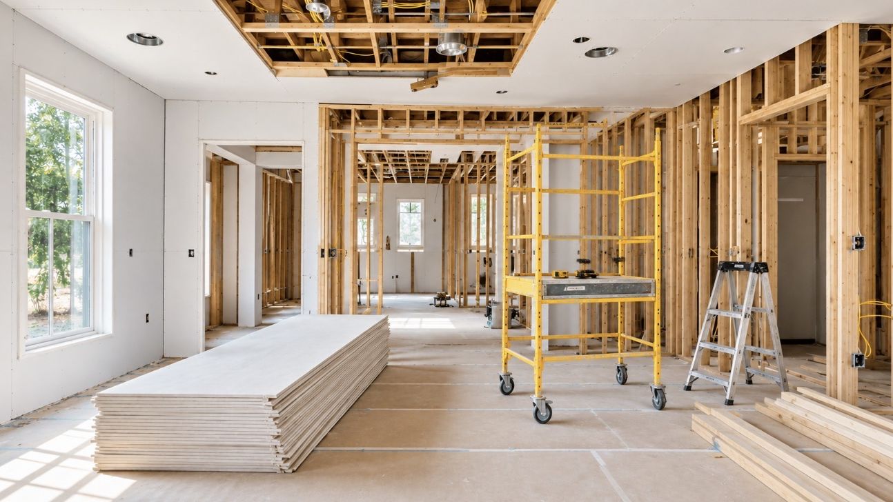 Interior framing and drywall stage of a new build, with stocked board, rolling scaffold, and open ceiling joists.
