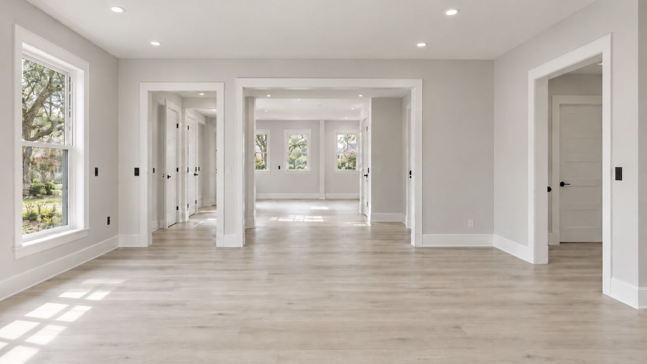 Finished residential interior with fresh paint, wide-plank floors, and clean trim throughout an open floor plan.