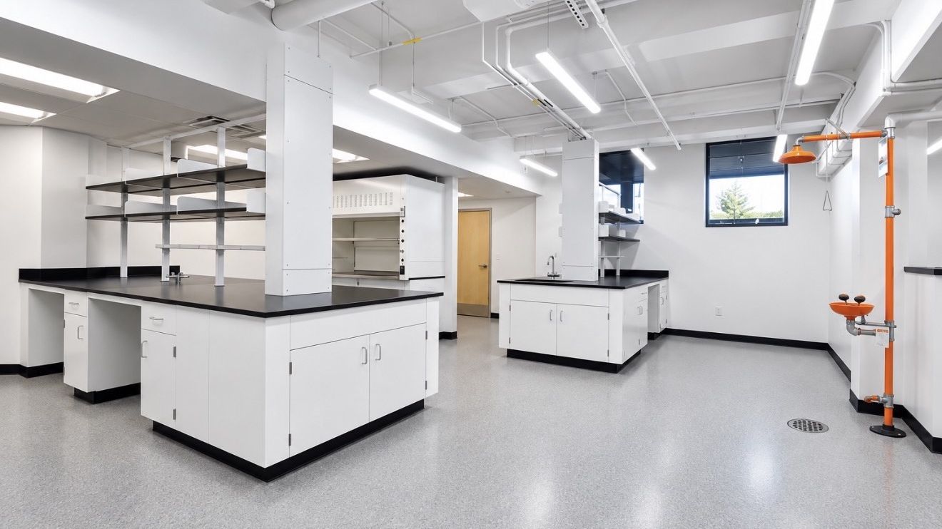 Completed laboratory fit-out with casework, fume hood, epoxy flooring, and an emergency eyewash station.