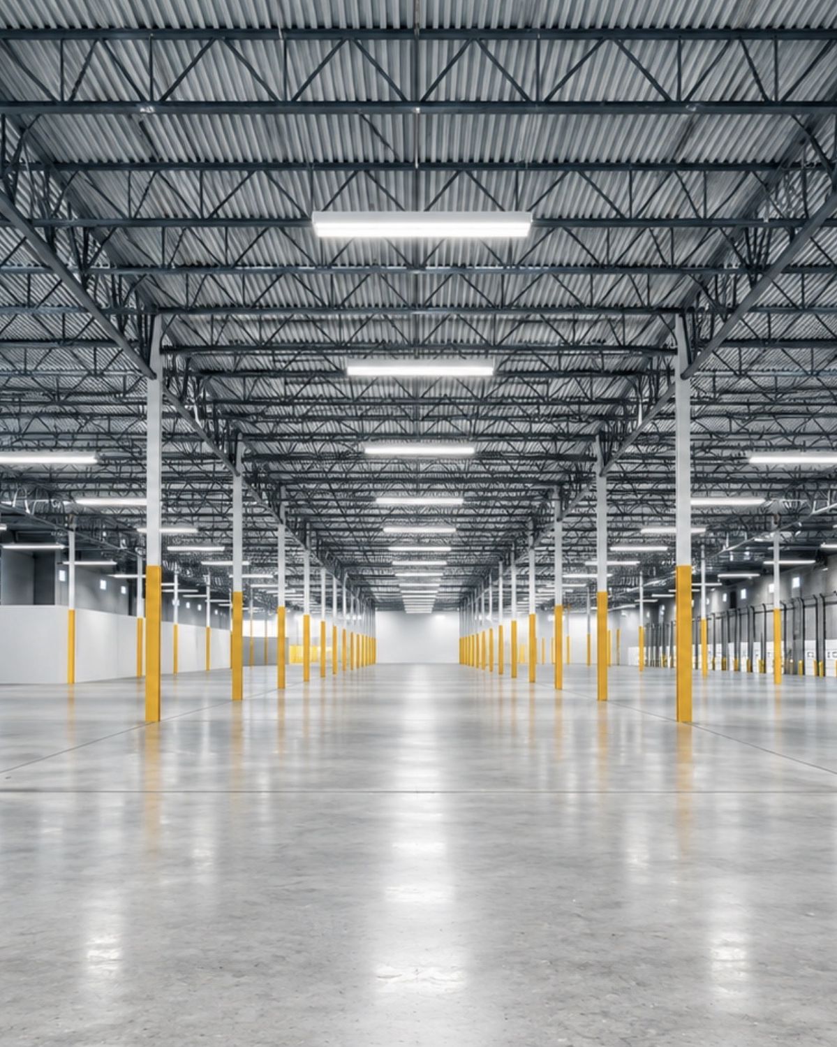Interior of a completed distribution centre with exposed steel joists, polished concrete floor, and painted column guards.