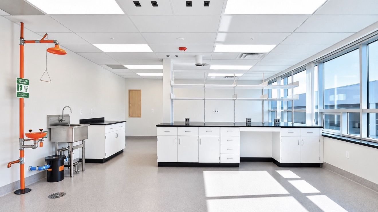 Completed laboratory fit-out with casework, shelving, and daylight from a window wall.